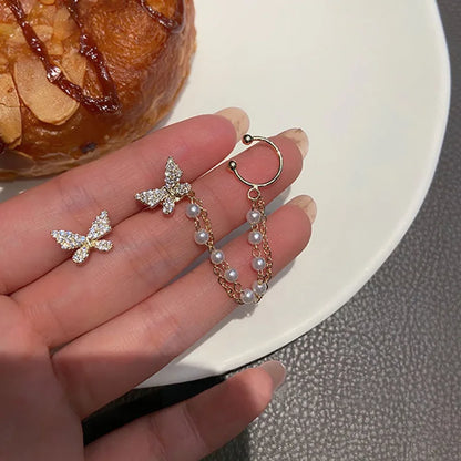 Koreanska Riinsten Motivet Fjäril Örhängen för Kvinnor och Flickor - Söt Mode Smycke med Metallkedja och Tyll