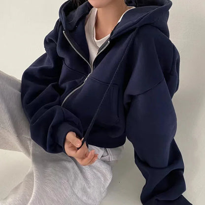 2024 Vår och Höst - Ny Fleecefodrad, Allsidig Zip-Hoodie för Kvinnor - Slimmad Passform i Mörkblått för en Elegant Silhuett
