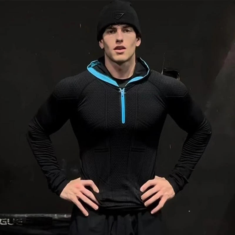 Mäns Snabbtorkande Andningsbar Slim Fit Elastisk Huva Zip T-shirt med Långa Ärmar för Fitness och Sport
