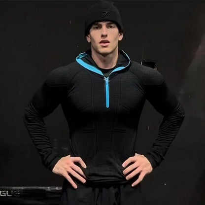 Mäns Snabbtorkande Andningsbar Slim Fit Elastisk Huva Zip T-shirt med Långa Ärmar för Fitness och Sport