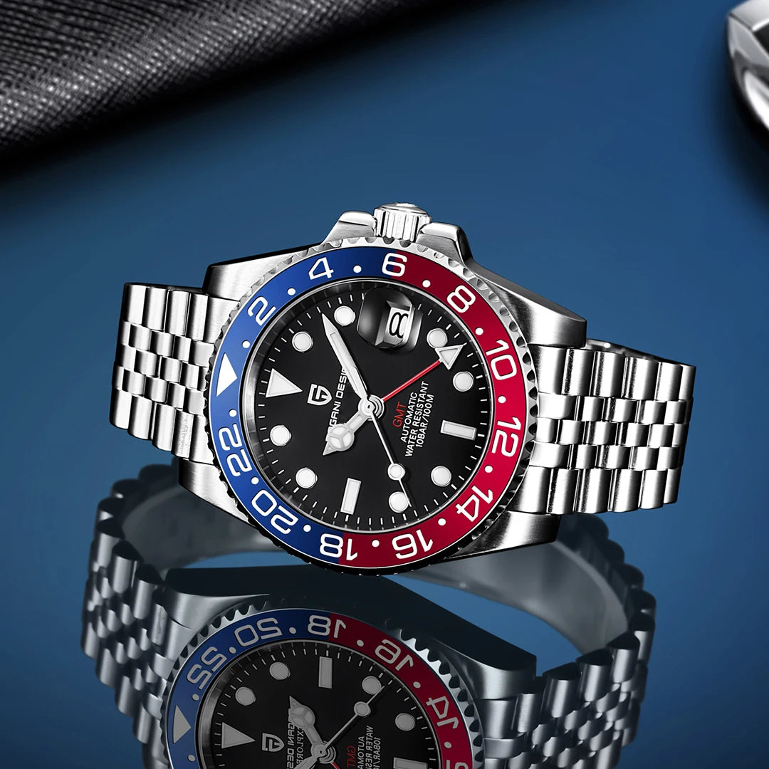PAGANI DESIGN PD-1662 Lyxig GMT Herrmekanisk Klocka - Saffirglas, Rostfritt Stål och 100M Vattentålig Automatisk Klocka