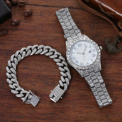 2 pieces/set of luxury men's hip-hop watches, adorned with sparkling artificial diamonds and Cuban chain bracelets