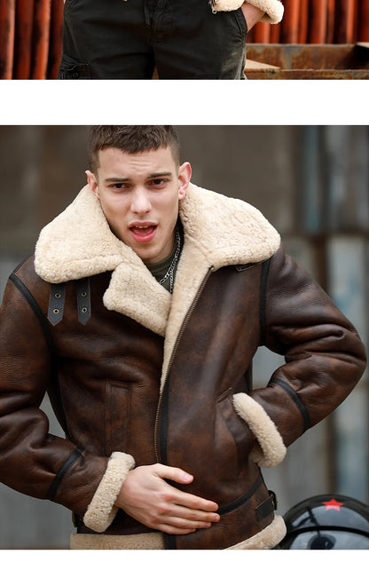 Herrar Vinterkappa i Äkta Läder - Naturlig Shearling Jacka för Motorcyklister och Piloter, Stora Storlekar upp till 7XL i Stilig Brun
