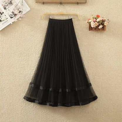 Simplicity Korean Summer Women's Solid Elastic Waist Embroidered Flares Gauze Pleated Fashion High Waist Mid-length A-line Skirt