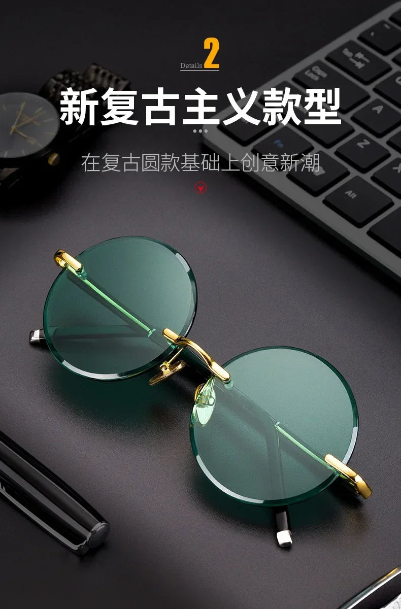 ‏"Classic Retro Rimless Sunglasses - Unisex Crystal Dark Green Lens for Outdoor Driving"