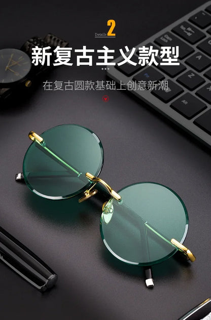 ‏"Classic Retro Rimless Sunglasses - Unisex Crystal Dark Green Lens for Outdoor Driving"