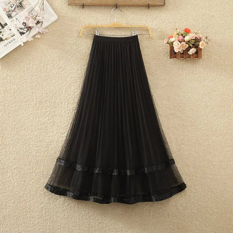 Simplicity Korean Summer Women's Solid Elastic Waist Embroidered Flares Gauze Pleated Fashion High Waist Mid-length A-line Skirt