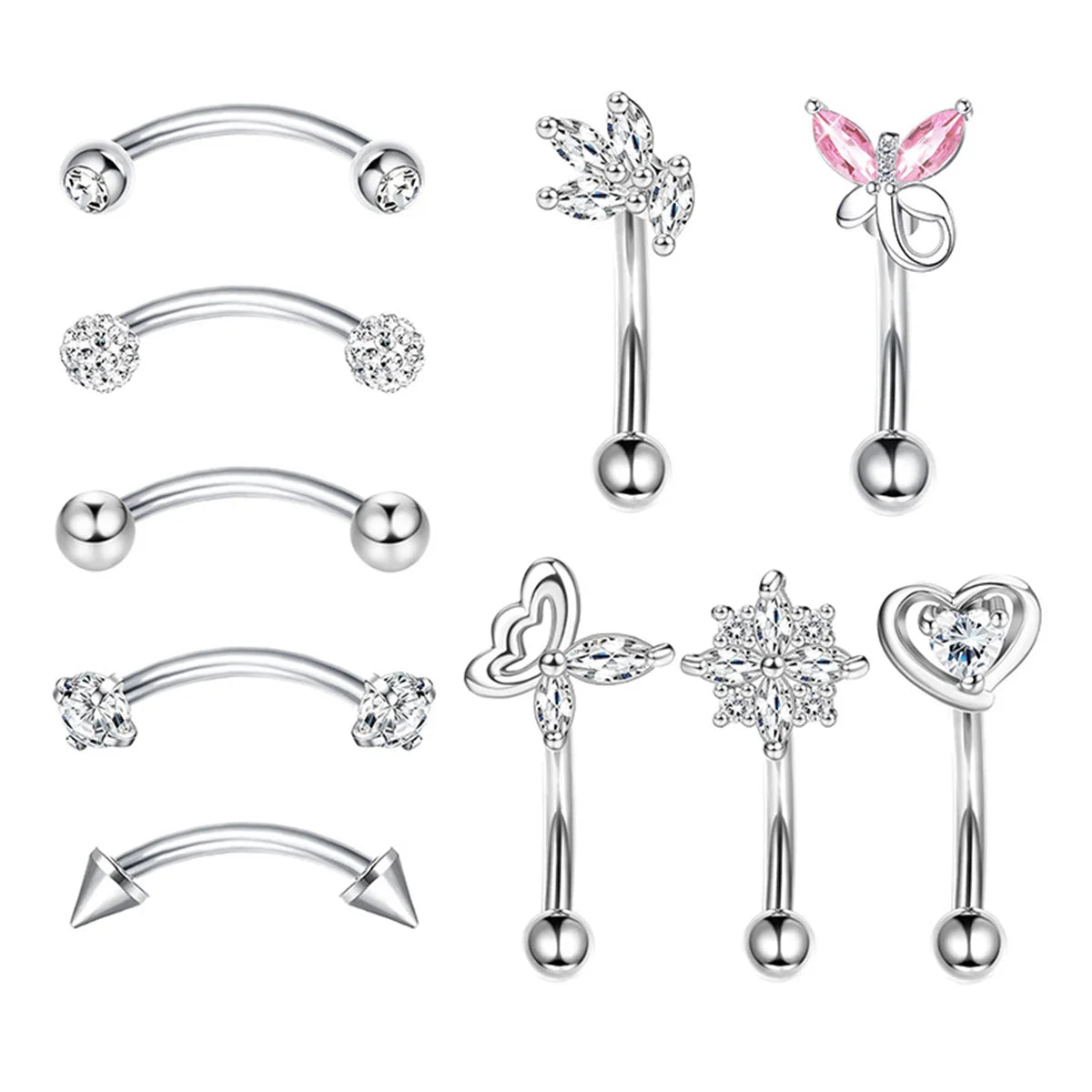 10-Pack 316L Rostfritt Stål Cubic Zirconia Hjärta Ögonbrynsringar Set - Daith Cartilage Conch Piercing Smycken