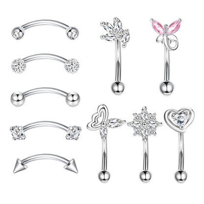10-Pack 316L Rostfritt Stål Cubic Zirconia Hjärta Ögonbrynsringar Set - Daith Cartilage Conch Piercing Smycken