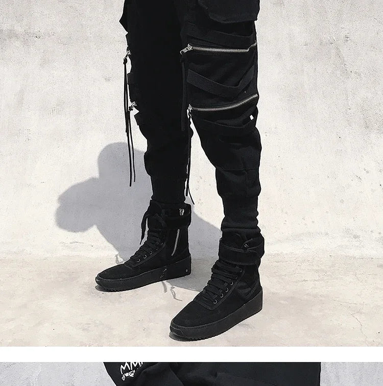 Moderna Herr Cargo Byxor med Dragkedja - Bred Ben Hip Hop Streetwear - Avslappnade Byxor med Dekorativ Snörning