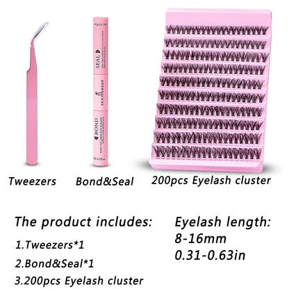 DIY Ögonfransförlängningsset med 200 St Individuella D Curl Fransar - Blandning av 8-16mm Kluster med Fransplockare