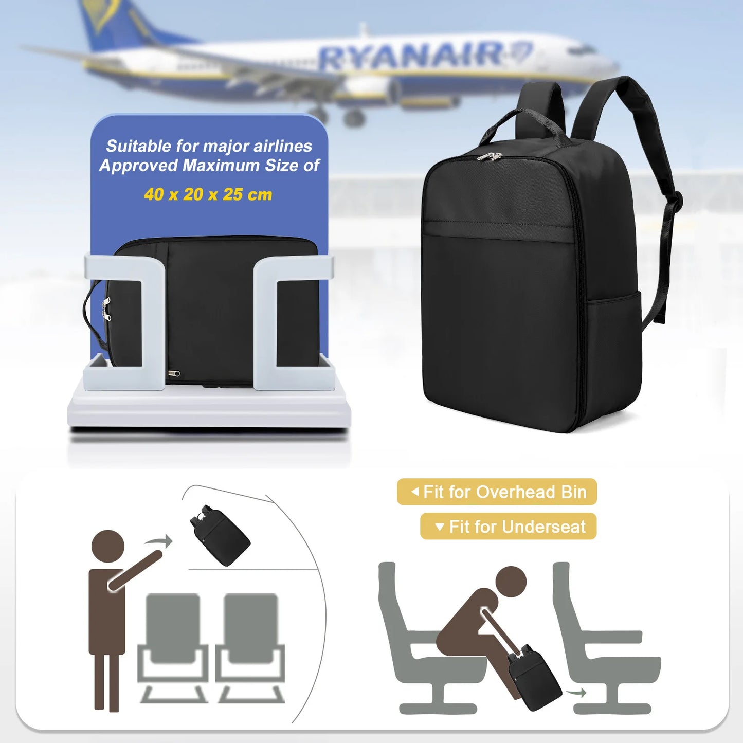 Kompakt Ryanair Ryggsäck 40x20x25 - Praktisk Kabinväska för Easyjet med 45x36x20 - Laptopryggsäck för Både Män och Kvinnor