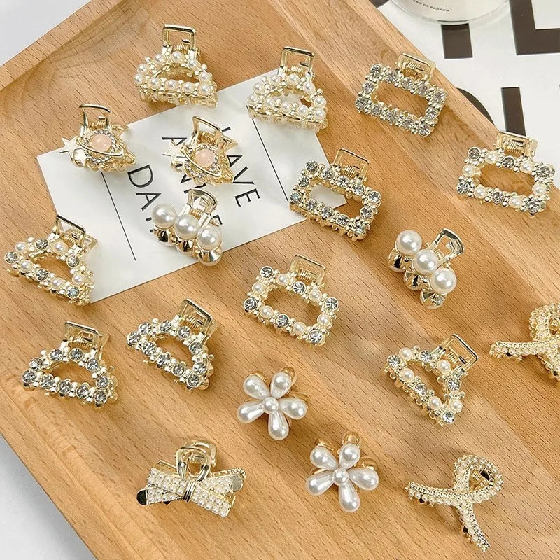 Söt Set med Rhinestonepärlor - Geometriska Metallhårklor för Kvinnor och Flickor - Mini Hårspännen och Accessoarer