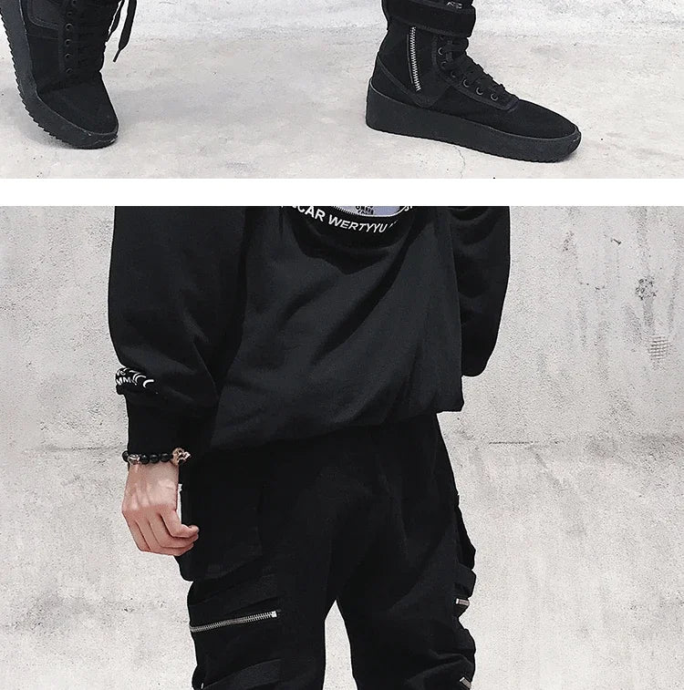 Moderna Herr Cargo Byxor med Dragkedja - Bred Ben Hip Hop Streetwear - Avslappnade Byxor med Dekorativ Snörning
