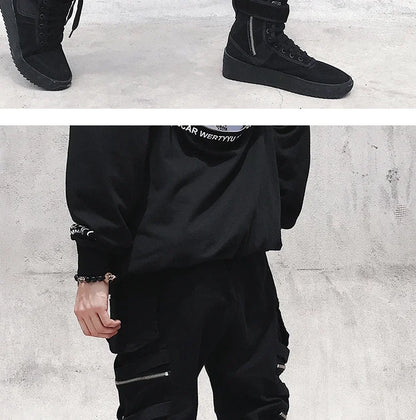 Moderna Herr Cargo Byxor med Dragkedja - Bred Ben Hip Hop Streetwear - Avslappnade Byxor med Dekorativ Snörning