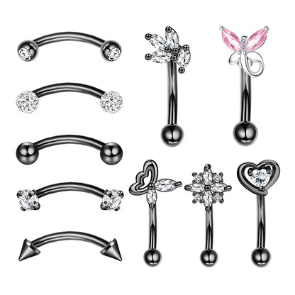 10-Pack 316L Rostfritt Stål Cubic Zirconia Hjärta Ögonbrynsringar Set - Daith Cartilage Conch Piercing Smycken