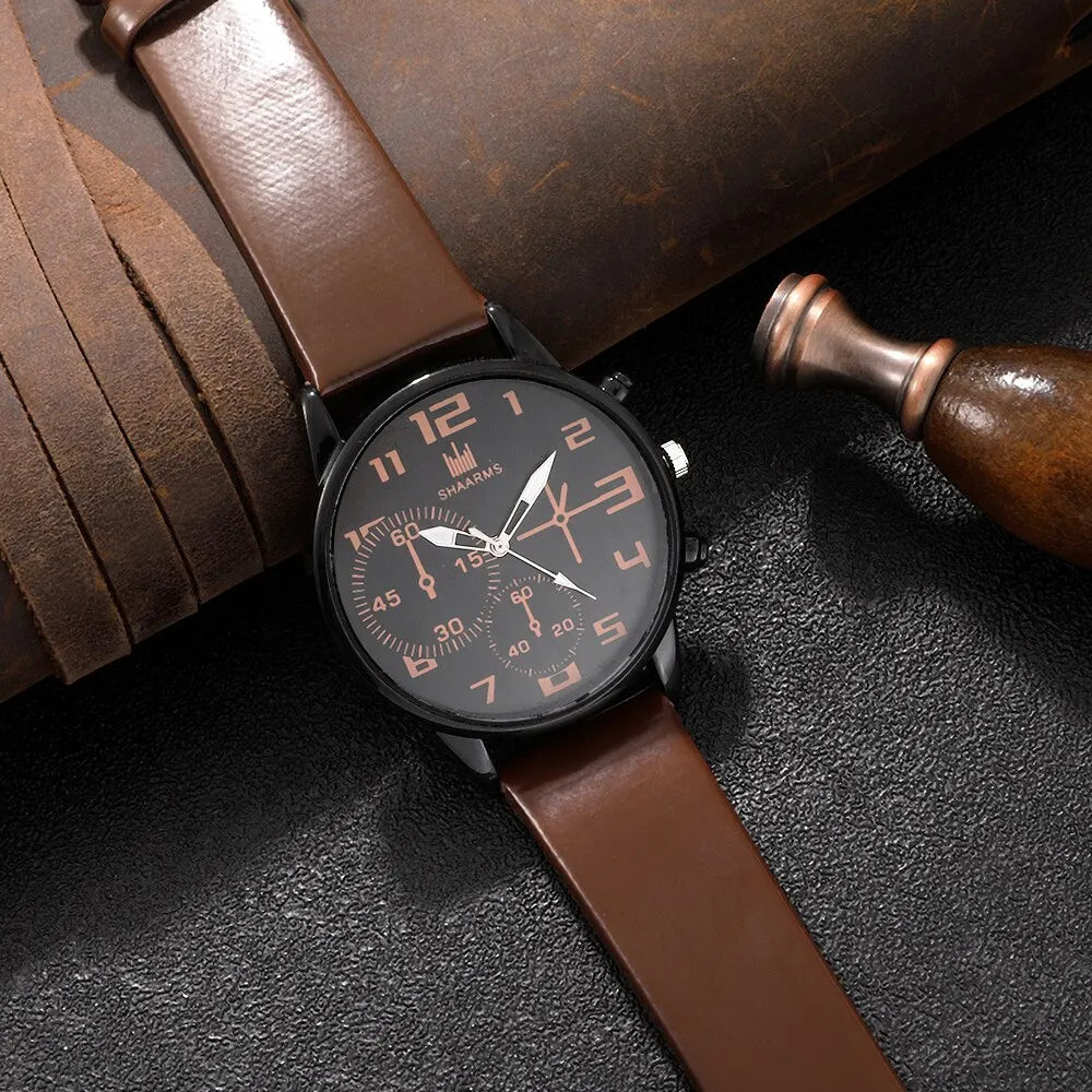 5-delars Set Trendiga Herrarmbandsur - Retro Klocka med Stor Urskiva i Quartz för Casual Stil. Klassisk Brun Läderrem för Sport och Fritid.