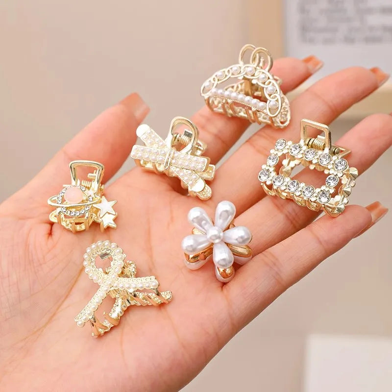 Söt Set med Rhinestonepärlor - Geometriska Metallhårklor för Kvinnor och Flickor - Mini Hårspännen och Accessoarer