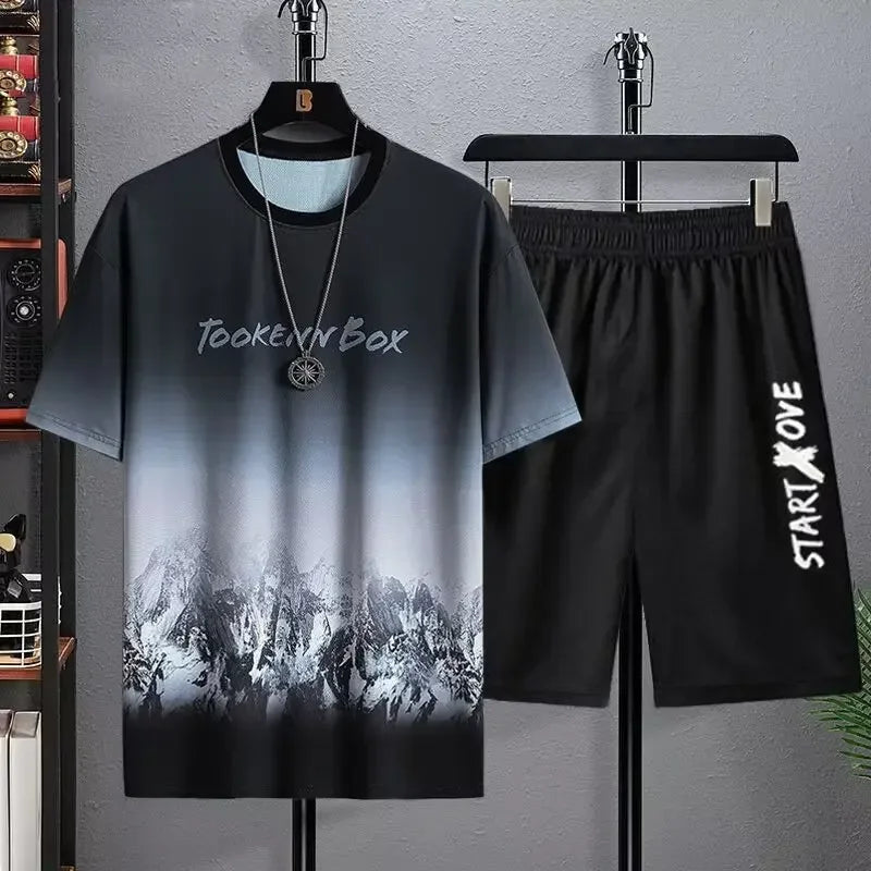 Sommar Snabbtorkande Herr Set - Trendiga Träningsdräkter med Kortärmad 3D-tryckt Sportt-shirt och Shorts. Bekväm Basket Set för Aktiv Livsstil.