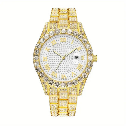 2 pieces/set of luxury men's hip-hop watches, adorned with sparkling artificial diamonds and Cuban chain bracelets