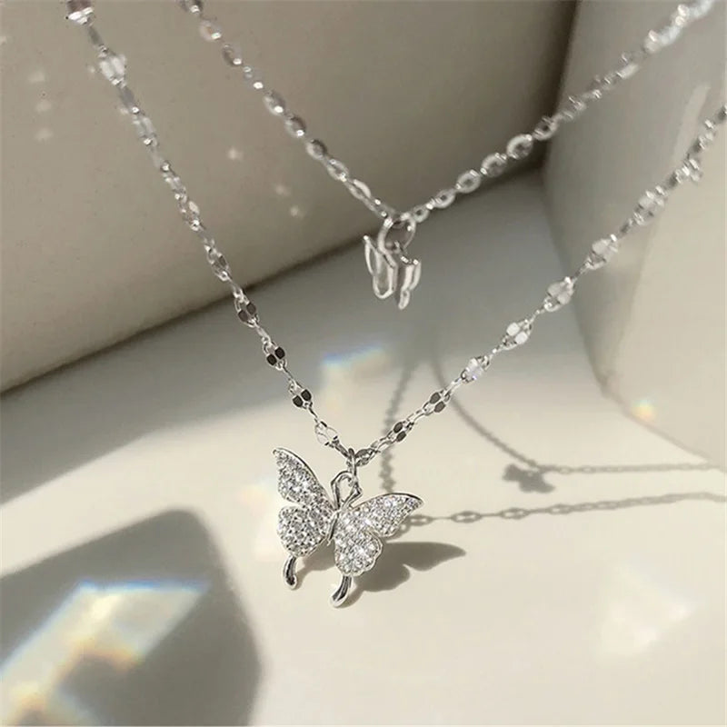 New Fashion Silver Color Double Layer Star Moon Necklace for Women Charm Delicate Zircon Stainless Steel Choker Chain Jewelry