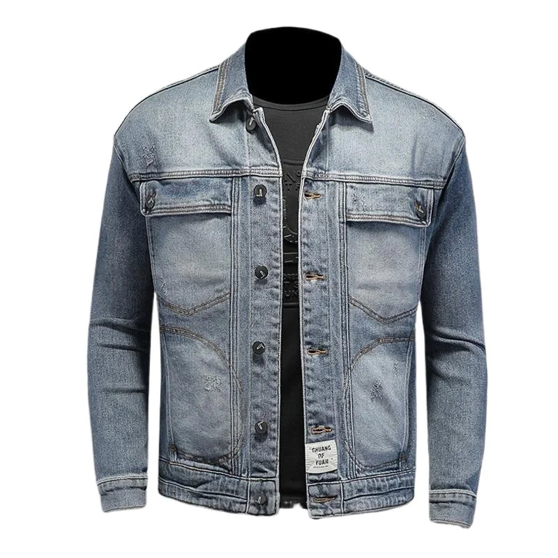 Retro Klassisk Jeansjacka för Män - Löst Passform och Avslappnad Med Fickor - Mångsidig Kragejacka för Hög Gata och Motorcykel
