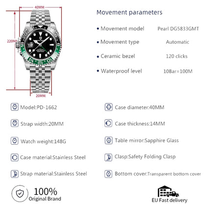 PAGANI DESIGN PD-1662 Lyxig GMT Herrmekanisk Klocka - Saffirglas, Rostfritt Stål och 100M Vattentålig Automatisk Klocka