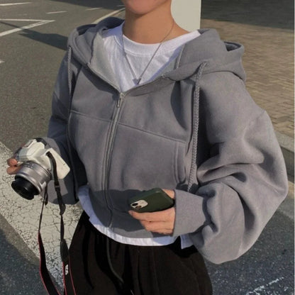 2024 Vår och Höst - Ny Fleecefodrad, Allsidig Zip-Hoodie för Kvinnor - Slimmad Passform i Mörkblått för en Elegant Silhuett
