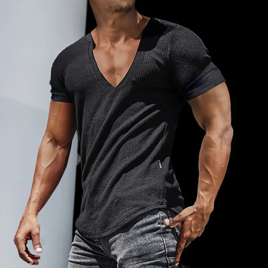 Men's Casual Slim Short Sleeve T-Shirt Sports Fitness Running V Neck Tops Summer Causal Daily Outdoor Clothing Men T Shirt S-3XL