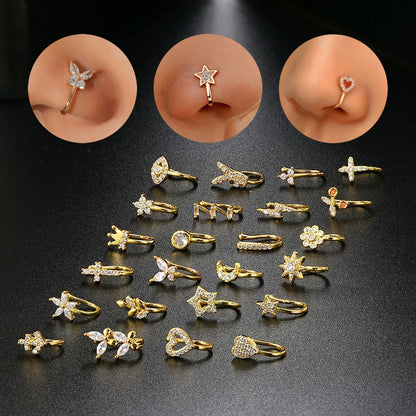Falsk Piercing Clip Nässmycke - Trendigt Kroppssmycke för Kvinnor - 1 Styck Örclip med Hjärtan, Stjärnor, Blommor och Fjärilar