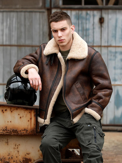 Herrar Vinterkappa i Äkta Läder - Naturlig Shearling Jacka för Motorcyklister och Piloter, Stora Storlekar upp till 7XL i Stilig Brun