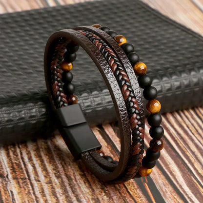 Trendigt Flätat Läderarmband för Män med Tigereye-Kulor - Mångskikts Hantverk för Stiliga Herrar - Perfekt Smycke för Gåvor 2025