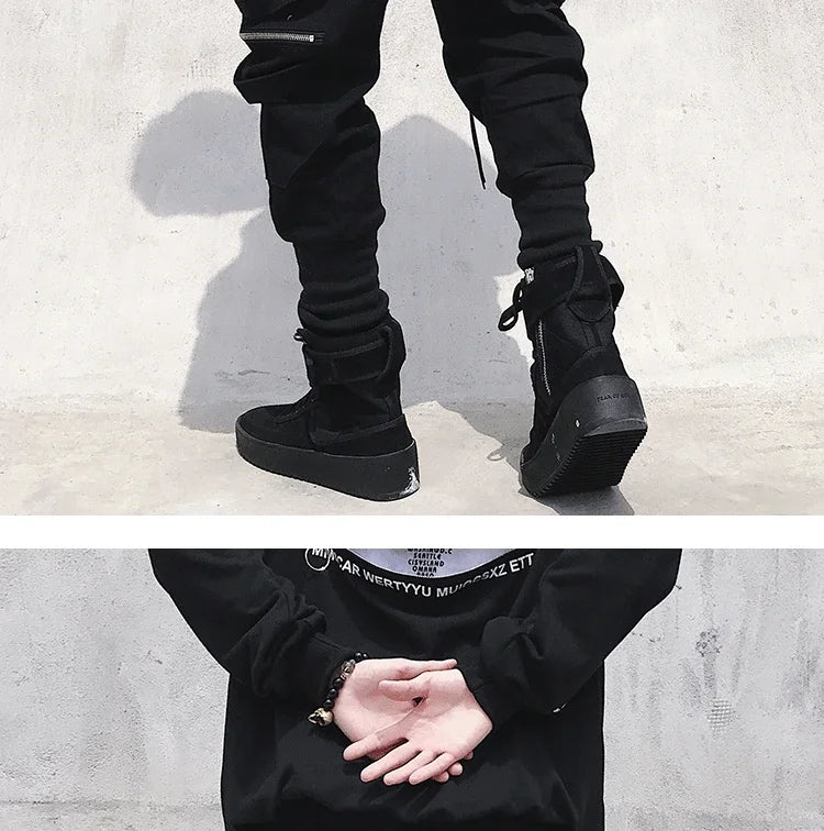 Moderna Herr Cargo Byxor med Dragkedja - Bred Ben Hip Hop Streetwear - Avslappnade Byxor med Dekorativ Snörning