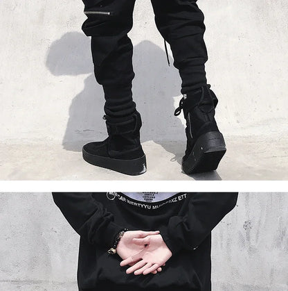 Moderna Herr Cargo Byxor med Dragkedja - Bred Ben Hip Hop Streetwear - Avslappnade Byxor med Dekorativ Snörning