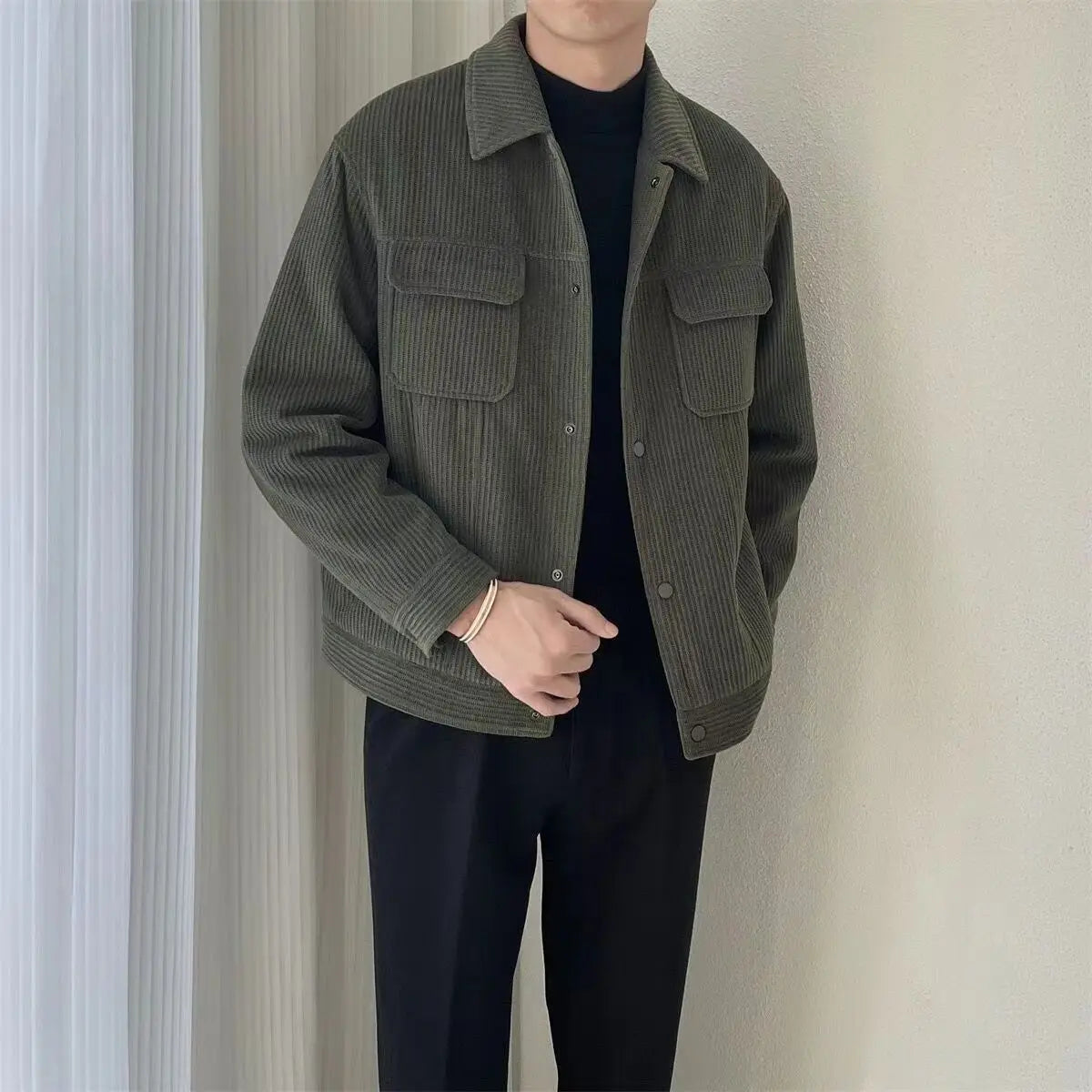 Korean 2024 Men's Boyfriend New Patchwork Turn-down Collar Button Pocket Fashion Solid Color Loose Casual Long Sleeve Jackets