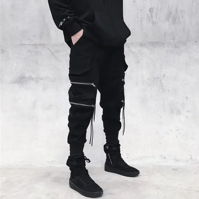 Moderna Herr Cargo Byxor med Dragkedja - Bred Ben Hip Hop Streetwear - Avslappnade Byxor med Dekorativ Snörning