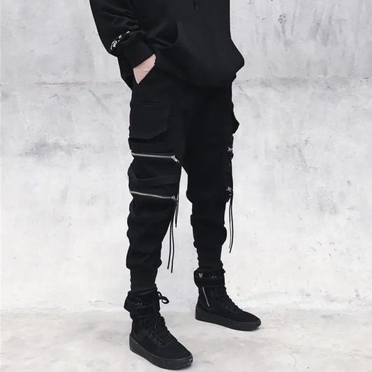 Moderna Herr Cargo Byxor med Dragkedja - Bred Ben Hip Hop Streetwear - Avslappnade Byxor med Dekorativ Snörning