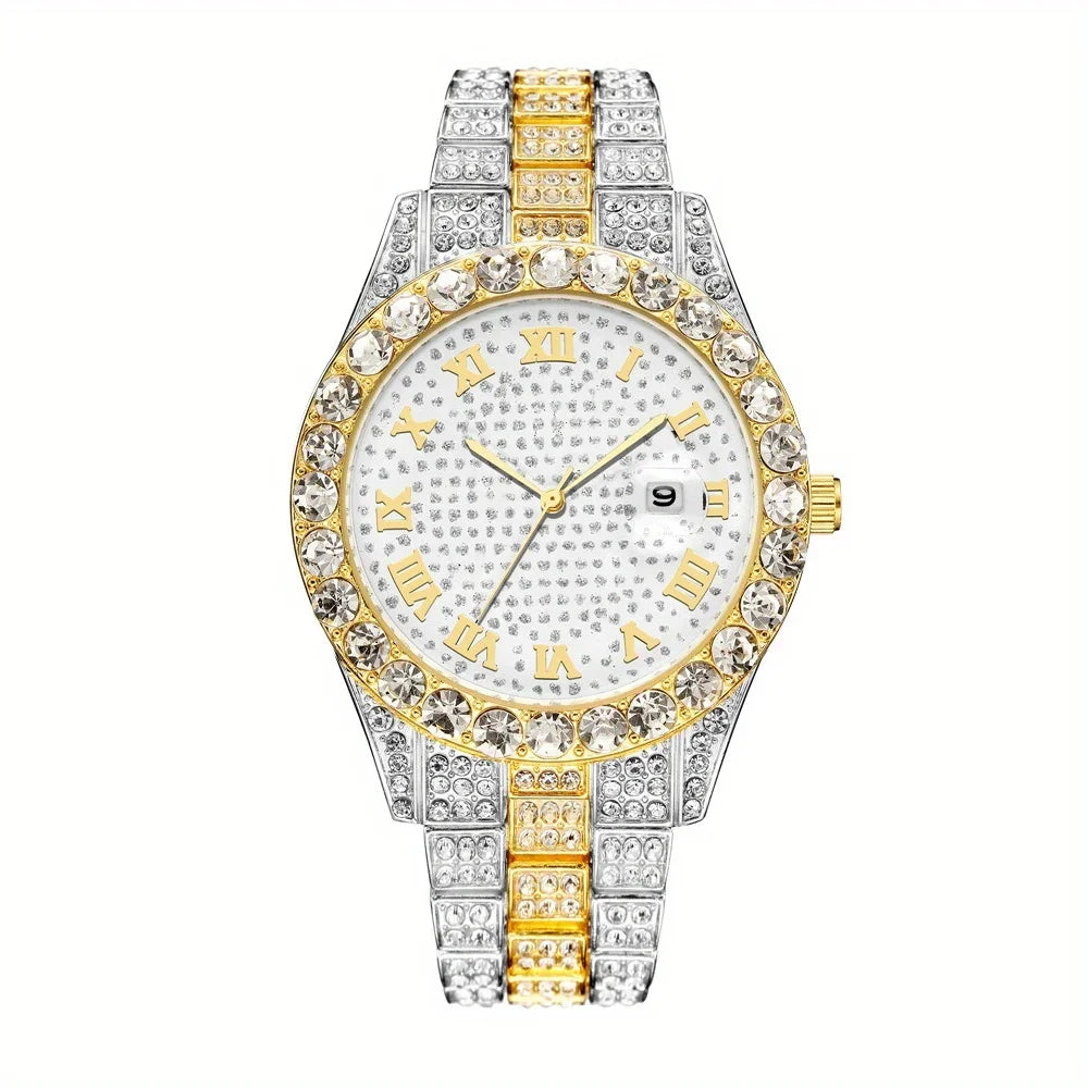 2 pieces/set of luxury men's hip-hop watches, adorned with sparkling artificial diamonds and Cuban chain bracelets