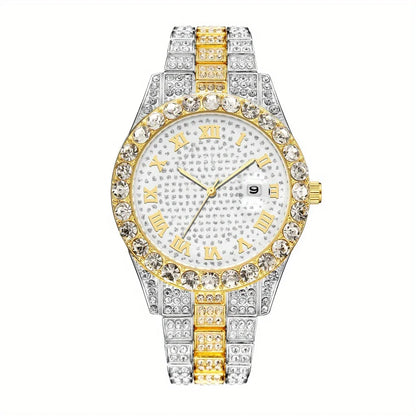 2 pieces/set of luxury men's hip-hop watches, adorned with sparkling artificial diamonds and Cuban chain bracelets