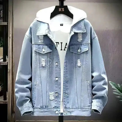 Retro Klassisk Jeansjacka för Män - Löst Passform och Avslappnad Med Fickor - Mångsidig Kragejacka för Hög Gata och Motorcykel