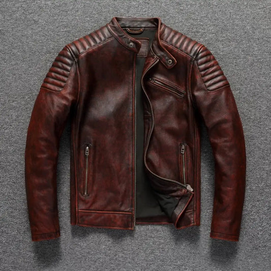 Koparska Herrarnas Äkta Läderjacka - Naturlig Kossinappa Jaktjacka, Retro Motorcykeljacka för Vår och Höst