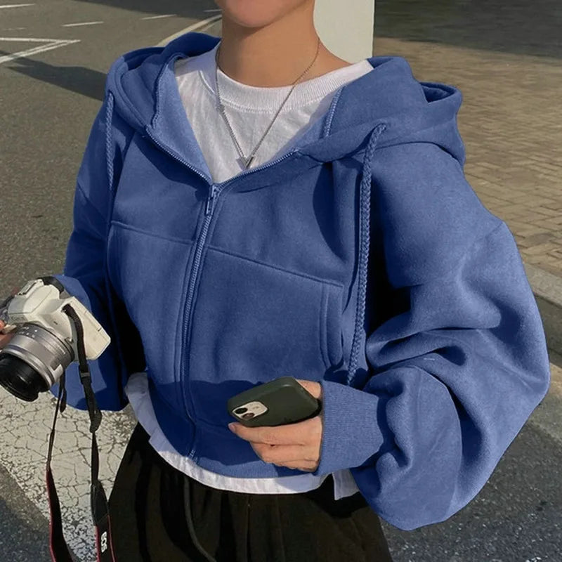 2024 Vår och Höst - Ny Fleecefodrad, Allsidig Zip-Hoodie för Kvinnor - Slimmad Passform i Mörkblått för en Elegant Silhuett