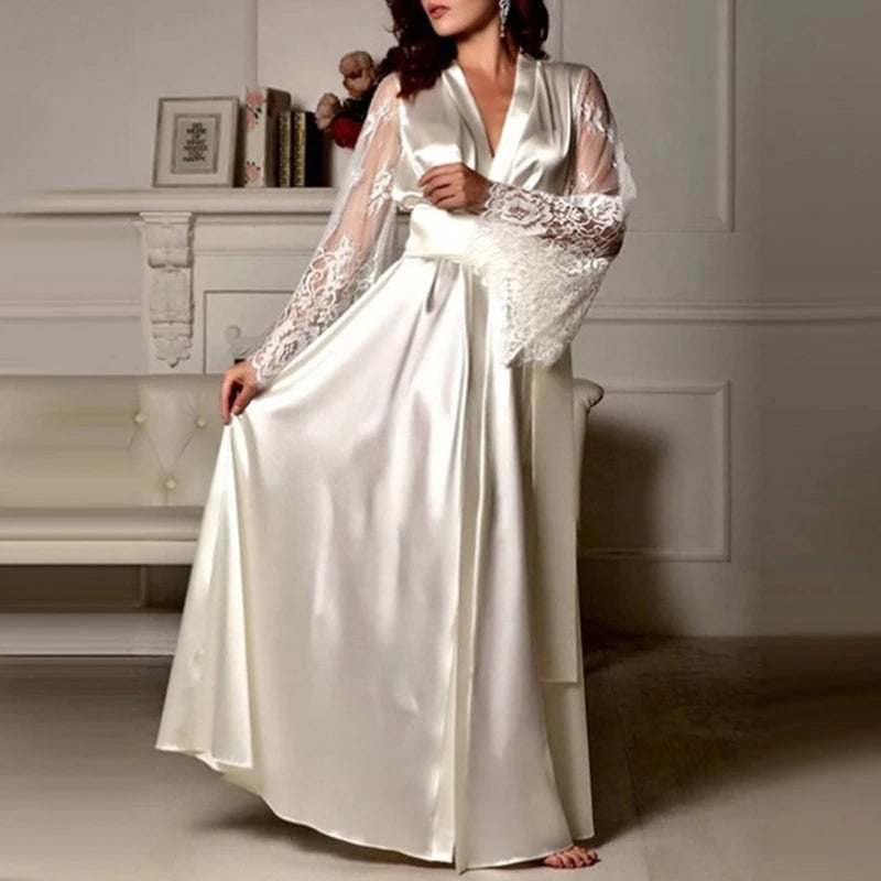 Elegant Women's Lace Lingerie Nightdress - Long Ice Silk Bath Robe in Solid Colors