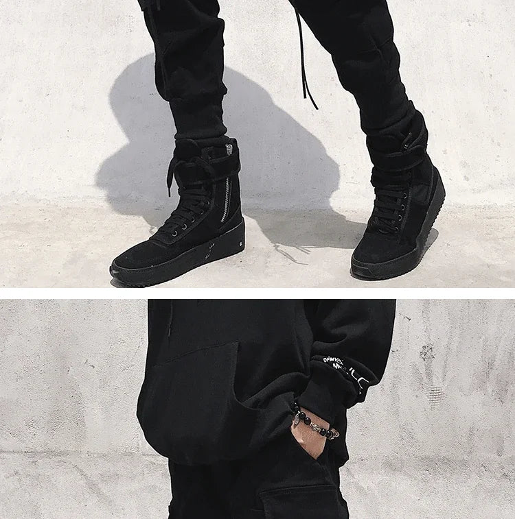 Moderna Herr Cargo Byxor med Dragkedja - Bred Ben Hip Hop Streetwear - Avslappnade Byxor med Dekorativ Snörning