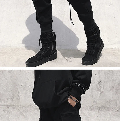 Moderna Herr Cargo Byxor med Dragkedja - Bred Ben Hip Hop Streetwear - Avslappnade Byxor med Dekorativ Snörning
