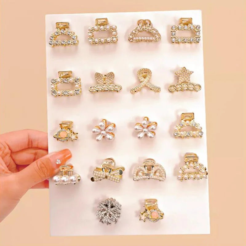 Söt Set med Rhinestonepärlor - Geometriska Metallhårklor för Kvinnor och Flickor - Mini Hårspännen och Accessoarer