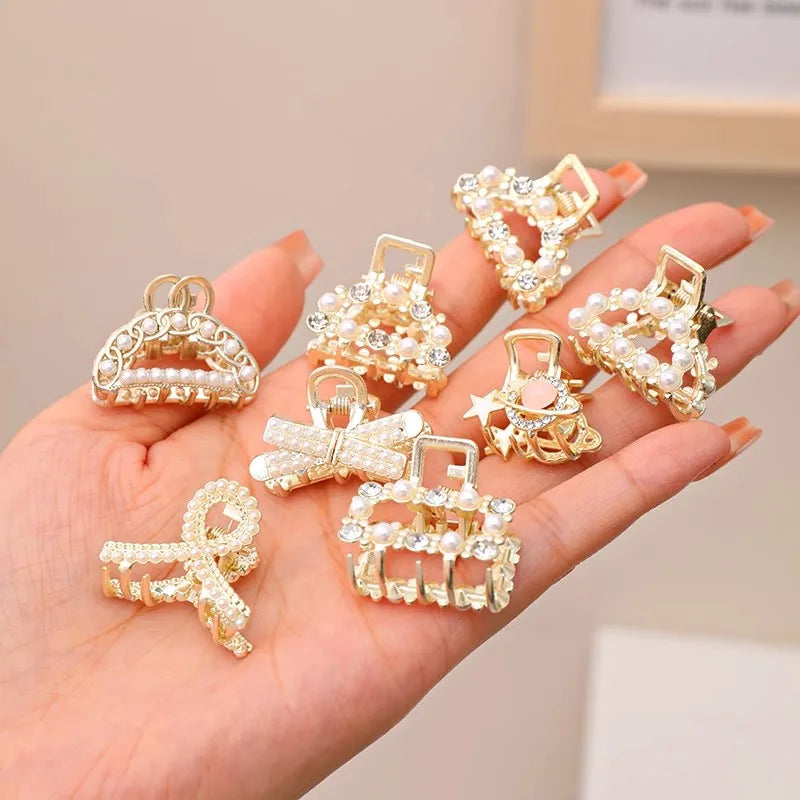 Söt Set med Rhinestonepärlor - Geometriska Metallhårklor för Kvinnor och Flickor - Mini Hårspännen och Accessoarer