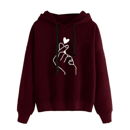 Höst Fleece Hoodie med Fingerhjärta - Enfärgad Koreansk Mode Sweatshirt med Lång Ärmar och Rymliga Fickor