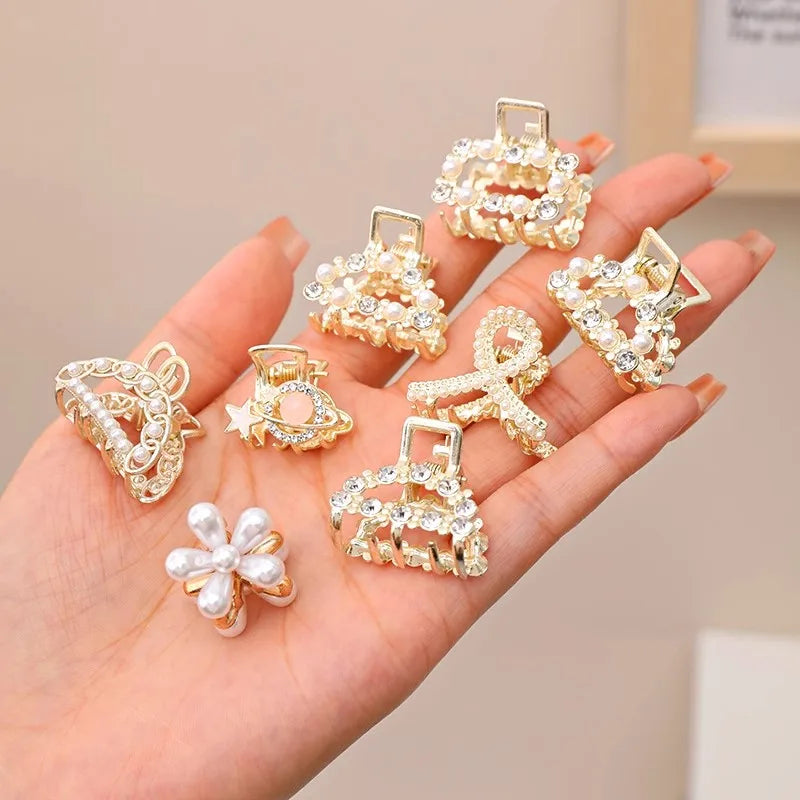 Söt Set med Rhinestonepärlor - Geometriska Metallhårklor för Kvinnor och Flickor - Mini Hårspännen och Accessoarer