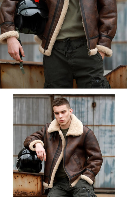 Herrar Vinterkappa i Äkta Läder - Naturlig Shearling Jacka för Motorcyklister och Piloter, Stora Storlekar upp till 7XL i Stilig Brun